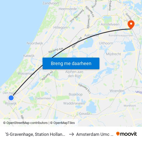 'S-Gravenhage, Station Hollands Spoor (Perron A) to Amsterdam Umc Locatie Amc map