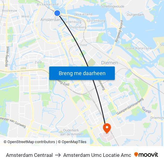 Amsterdam Centraal to Amsterdam Umc Locatie Amc map