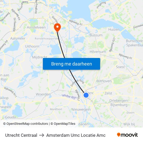 Utrecht Centraal to Amsterdam Umc Locatie Amc map