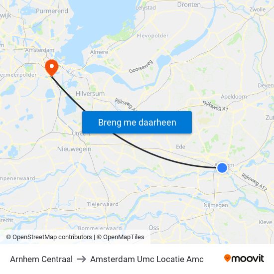 Arnhem Centraal to Amsterdam Umc Locatie Amc map