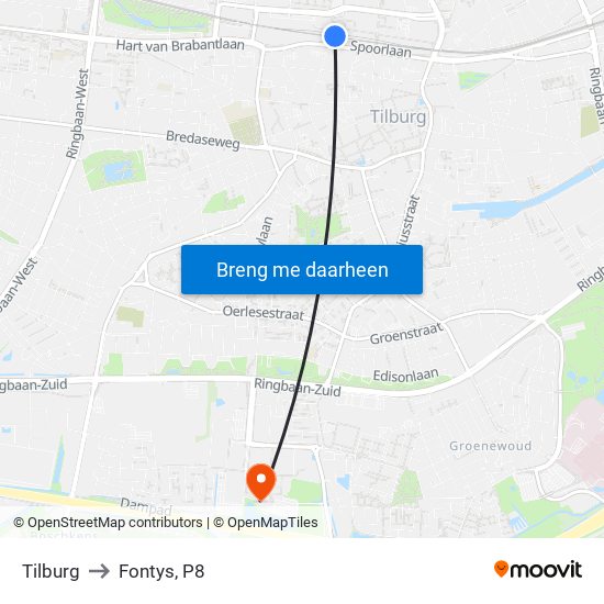 Tilburg to Fontys, P8 map