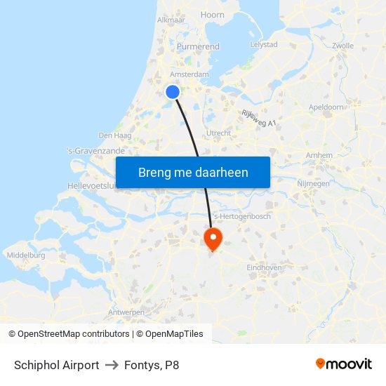 Schiphol Airport to Fontys, P8 map