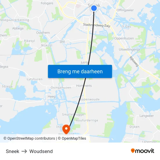 Sneek to Woudsend map