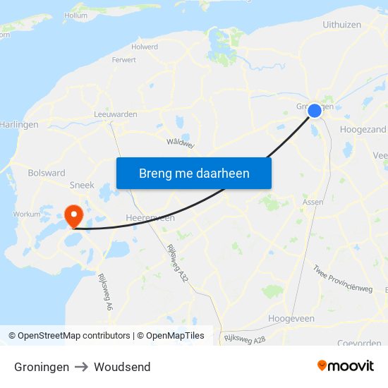 Groningen to Woudsend map