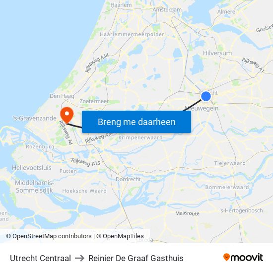 Utrecht Centraal to Reinier De Graaf Gasthuis map