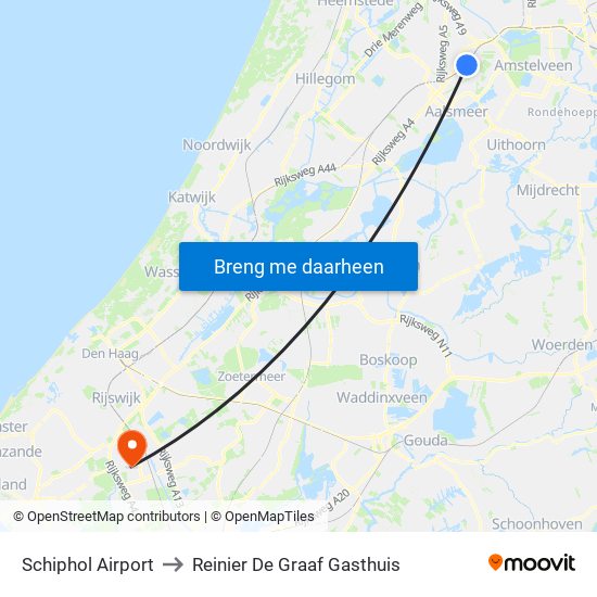 Schiphol Airport to Reinier De Graaf Gasthuis map