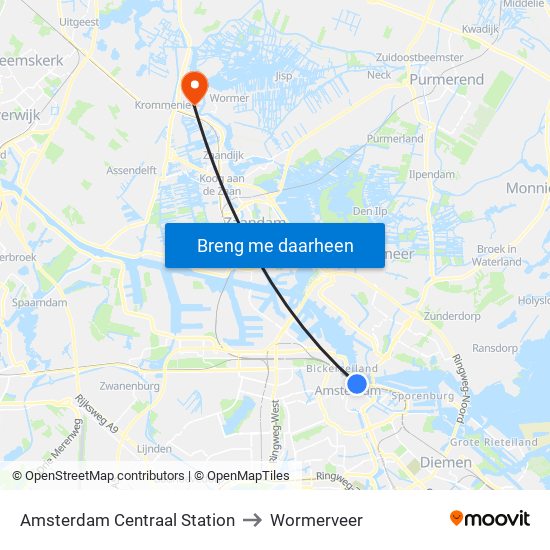 Amsterdam Centraal Station to Wormerveer map