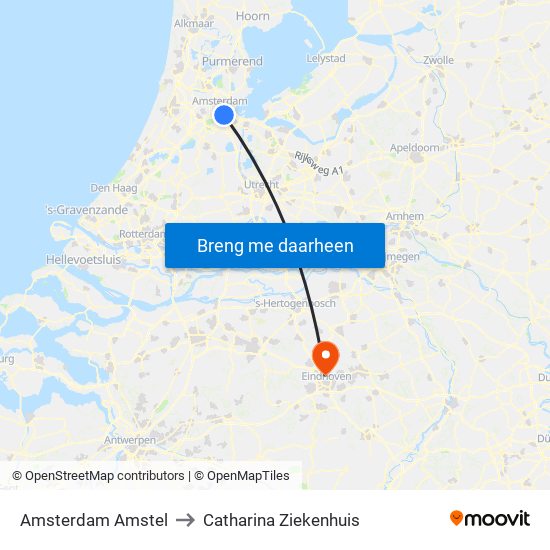 Amsterdam Amstel to Catharina Ziekenhuis map