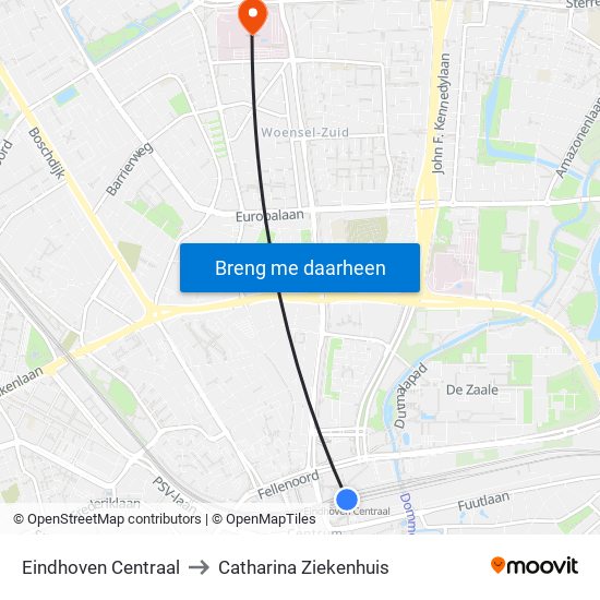 Eindhoven Centraal to Catharina Ziekenhuis map
