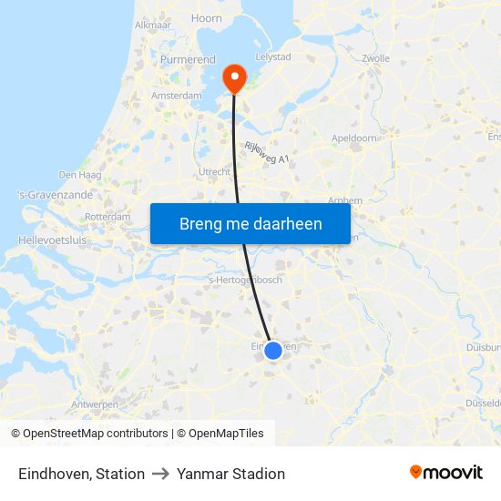 Eindhoven, Station to Yanmar Stadion map