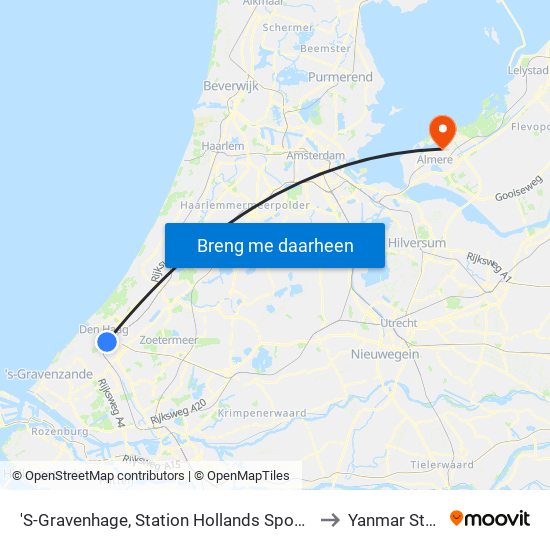 'S-Gravenhage, Station Hollands Spoor (Perron A) to Yanmar Stadion map