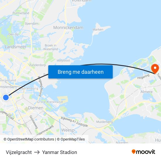 Vijzelgracht to Yanmar Stadion map