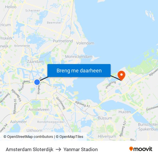 Amsterdam Sloterdijk to Yanmar Stadion map