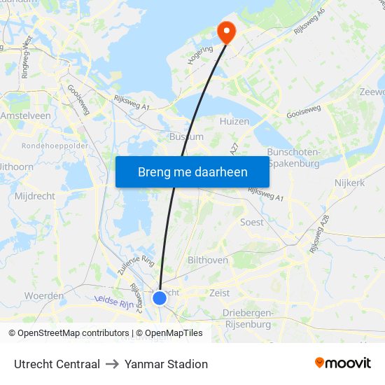 Utrecht Centraal to Yanmar Stadion map