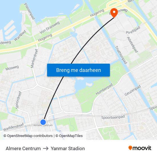 Almere Centrum to Yanmar Stadion map