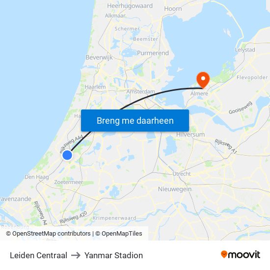 Leiden Centraal to Yanmar Stadion map