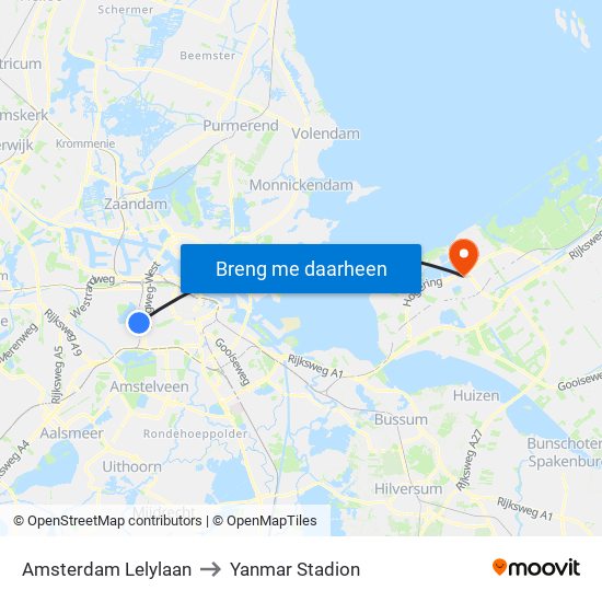 Amsterdam Lelylaan to Yanmar Stadion map