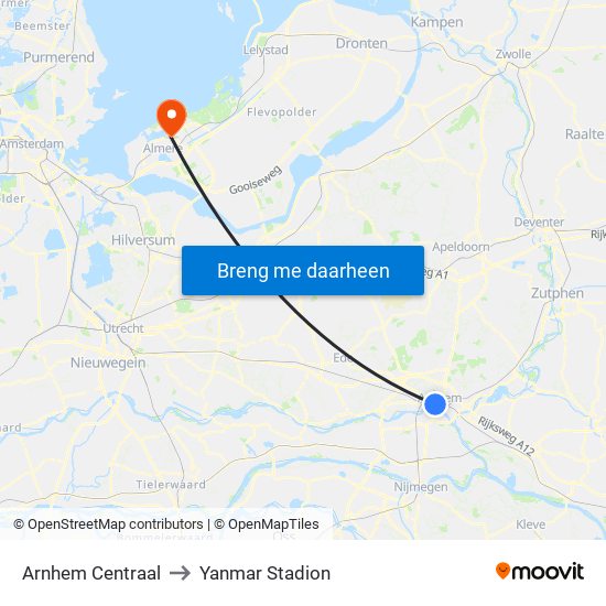Arnhem Centraal to Yanmar Stadion map