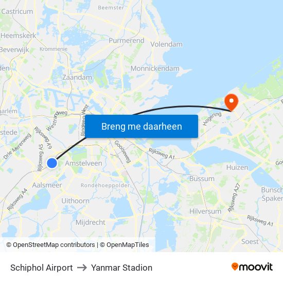 Schiphol Airport to Yanmar Stadion map