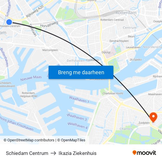 Schiedam Centrum to Ikazia Ziekenhuis map