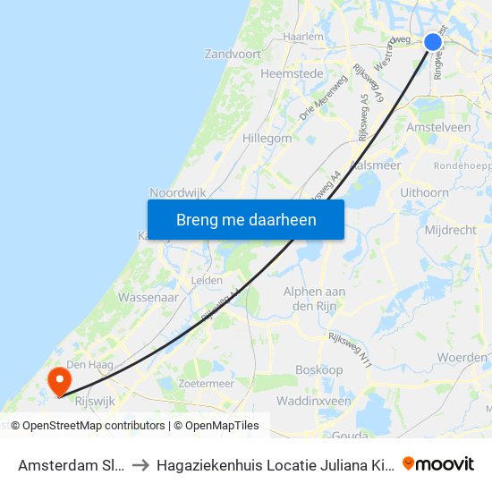 Amsterdam Sloterdijk to Hagaziekenhuis Locatie Juliana Kinderziekenhuis map