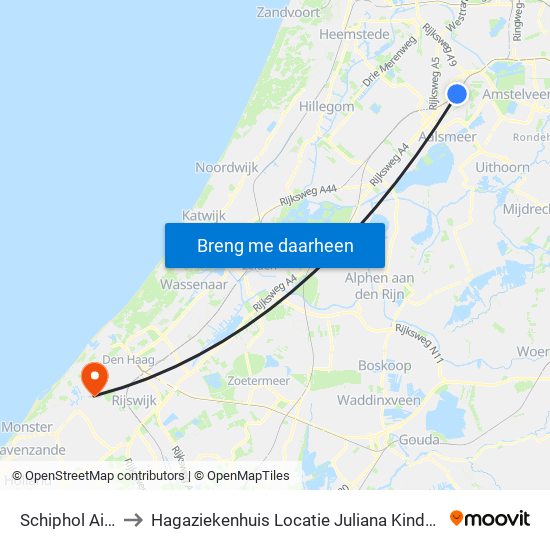 Schiphol Airport to Hagaziekenhuis Locatie Juliana Kinderziekenhuis map