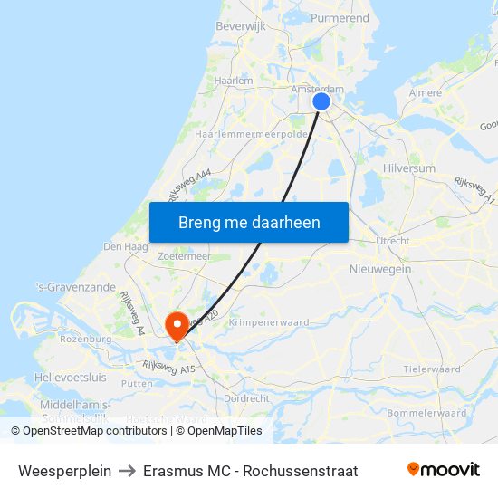 Weesperplein to Erasmus MC - Rochussenstraat map