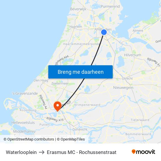 Waterlooplein to Erasmus MC - Rochussenstraat map