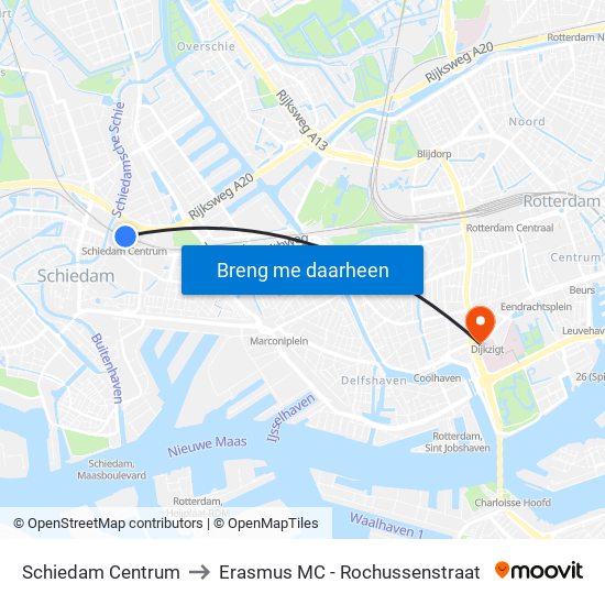 Schiedam Centrum to Erasmus MC - Rochussenstraat map