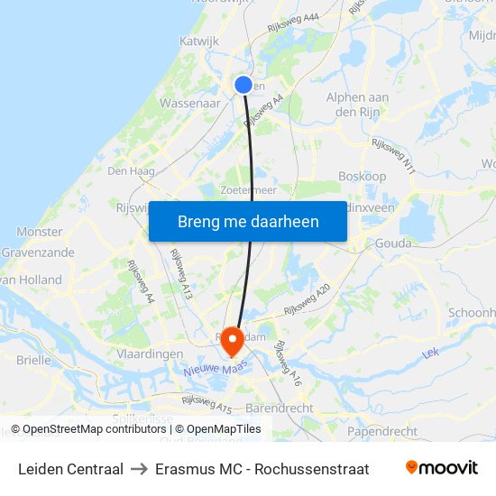 Leiden Centraal to Erasmus MC - Rochussenstraat map