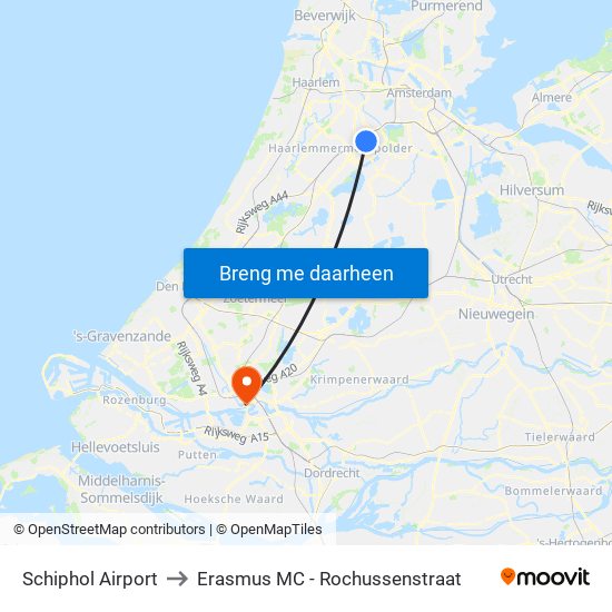 Schiphol Airport to Erasmus MC - Rochussenstraat map
