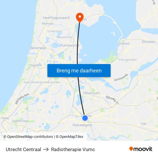 Utrecht Centraal to Radiotherapie Vumc map
