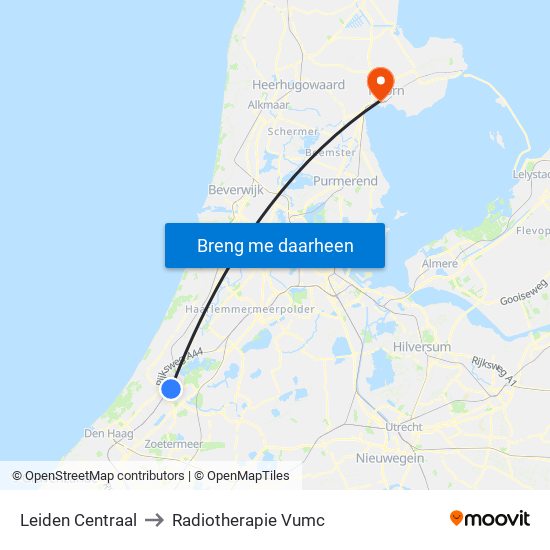 Leiden Centraal to Radiotherapie Vumc map