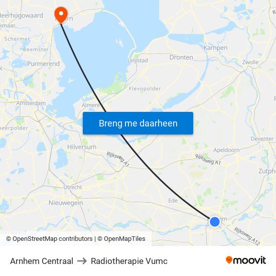 Arnhem Centraal to Radiotherapie Vumc map