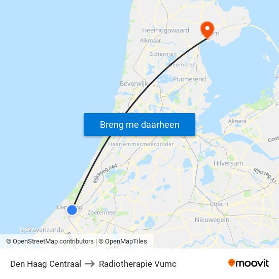 Den Haag Centraal to Radiotherapie Vumc map