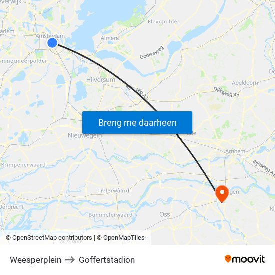Weesperplein to Goffertstadion map