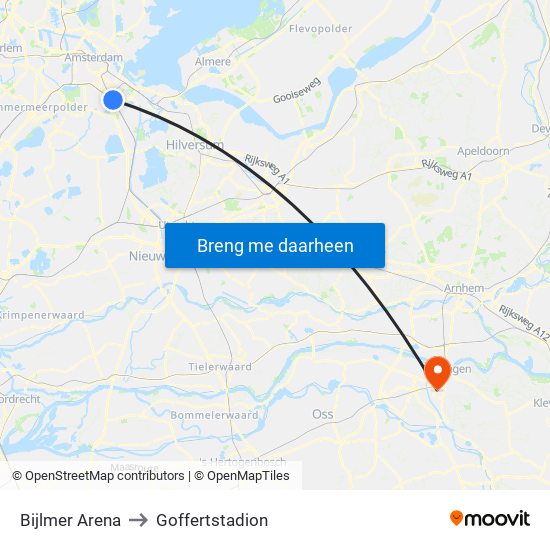 Bijlmer Arena to Goffertstadion map