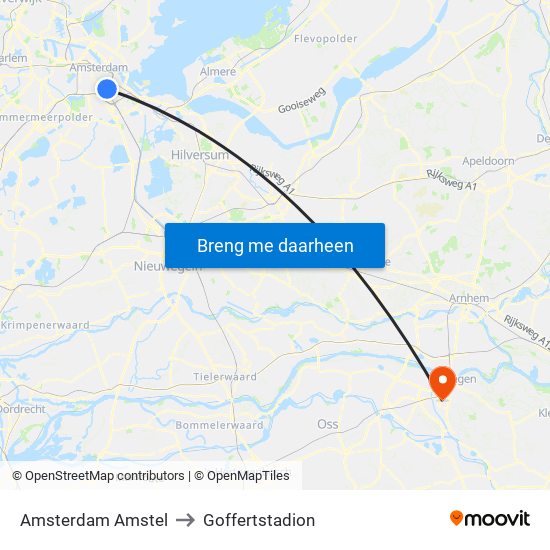 Amsterdam Amstel to Goffertstadion map
