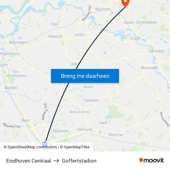 Eindhoven Centraal to Goffertstadion map