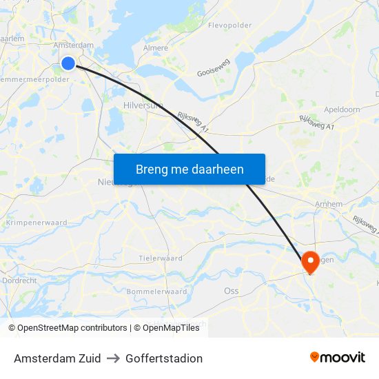 Amsterdam Zuid to Goffertstadion map