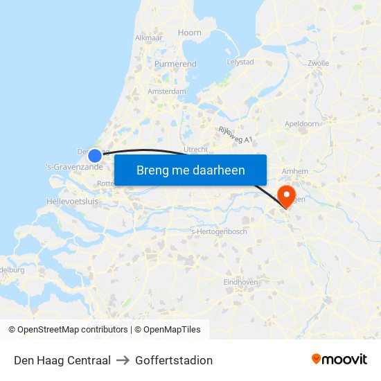 Den Haag Centraal to Goffertstadion map