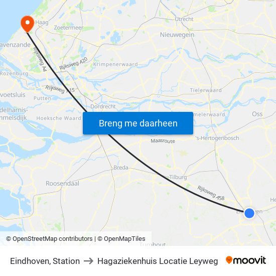 Eindhoven, Station to Hagaziekenhuis Locatie Leyweg map