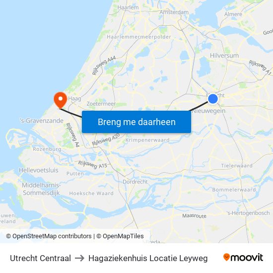 Utrecht Centraal to Hagaziekenhuis Locatie Leyweg map