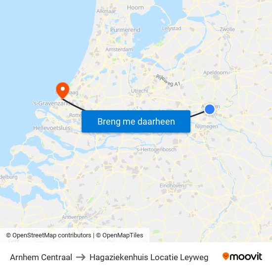 Arnhem Centraal to Hagaziekenhuis Locatie Leyweg map