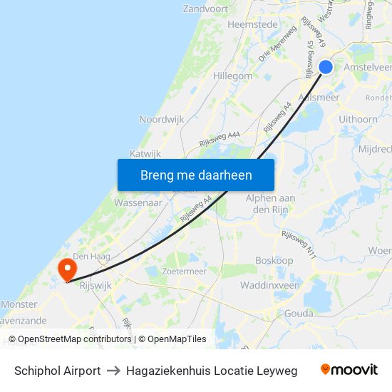 Schiphol Airport to Hagaziekenhuis Locatie Leyweg map