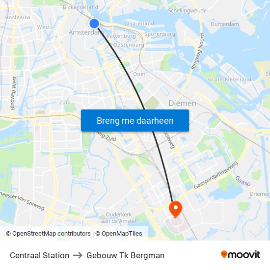 Centraal Station to Gebouw Tk Bergman map