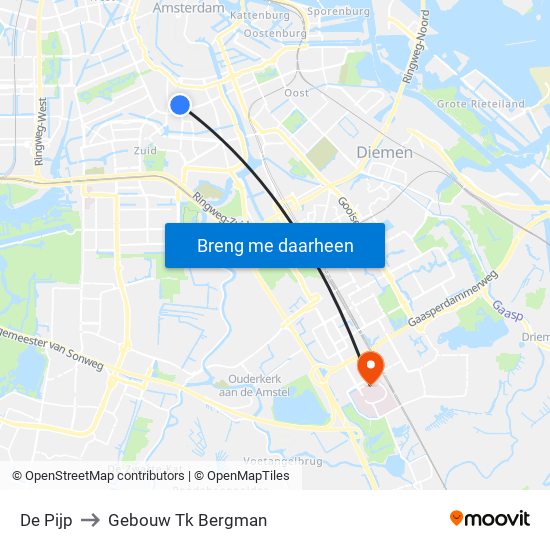 De Pijp to Gebouw Tk Bergman map