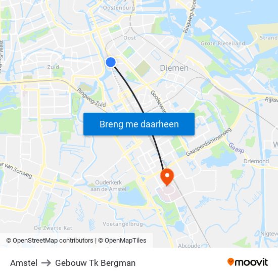 Amstel to Gebouw Tk Bergman map