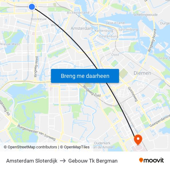 Amsterdam Sloterdijk to Gebouw Tk Bergman map