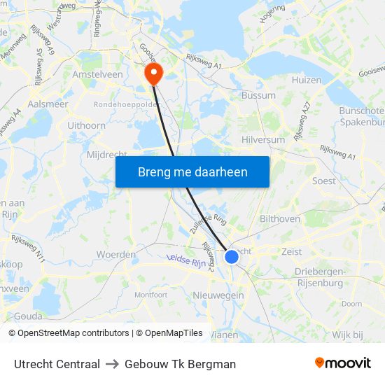Utrecht Centraal to Gebouw Tk Bergman map